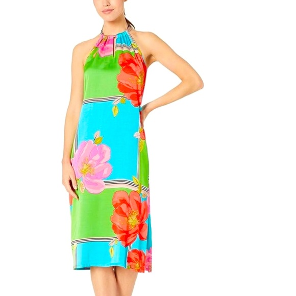 NWT Trina Turk midi tropical floral halter silk dress size 12 - Picture 3 of 7